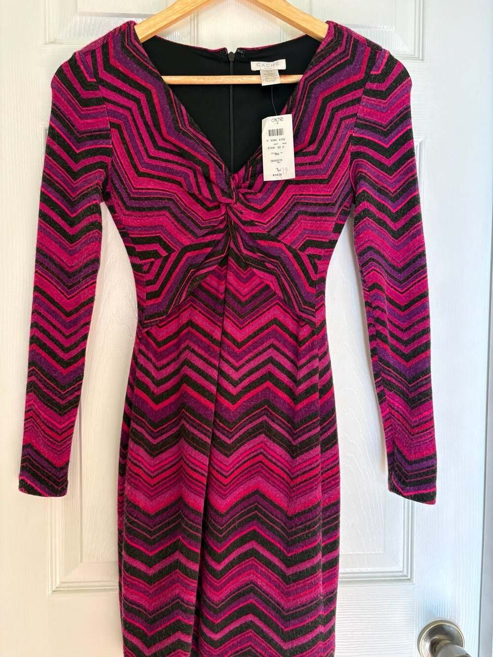NWT Cache Petite Long Sleeve Chevron V-Neck Mini Dress, XS, Missoni inspired